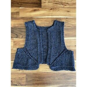 Vintage Handmade Crochet Women Open Vest No Button Navy Grey Mix Size Small
